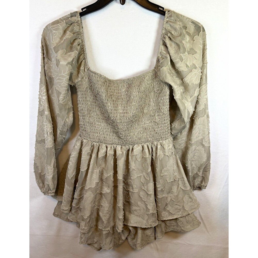 rue21 Beige Floral Lace Smocked Square Neck Puff Long Sleeve Romper Size S